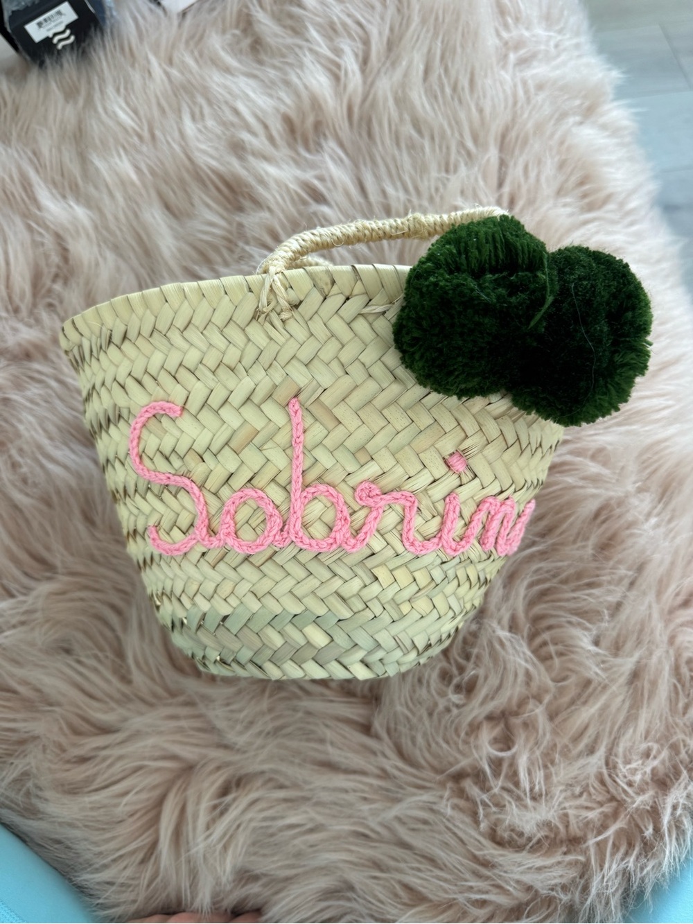 Handwoven ‘Sabrina’ Straw Tote with Pink Script and Green Pom Accents